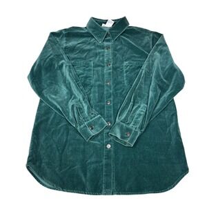 Talbots Teal Velvet Button Down Shirt Womens Size M Long Sleeve Collared